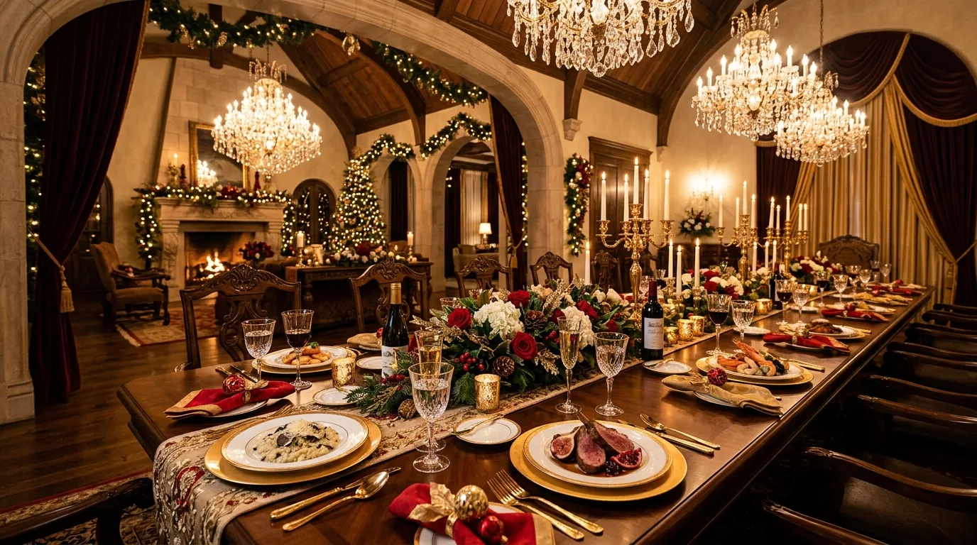 Lavish holiday banquet table with floral arrangements and chandeliers.